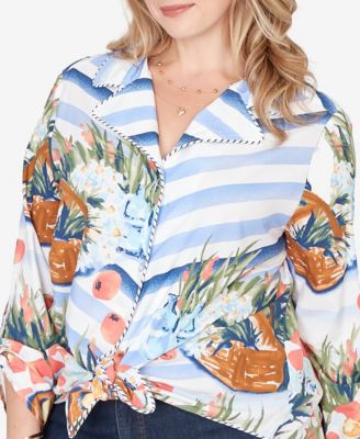 Plus Size Picnic Print Poplin Tied Snap Front Top