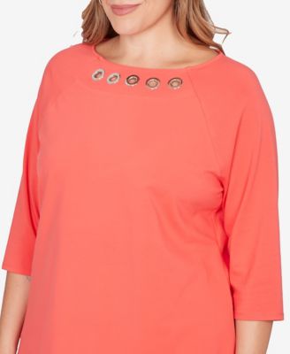 Plus Size Grommet Neck Solid Knit Top