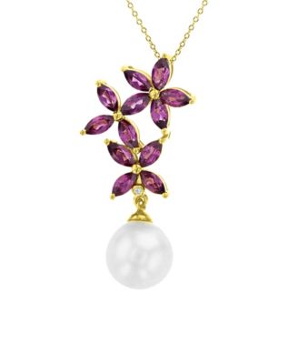 Imitation Pearl , Garnet (1.2 ct. t.w.) and Diamond (0.002 ct. t.w.) Flower Necklace