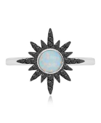 Black Spinel (0.218 ct. t.w.) and White Opal (5 mm) Starburst Ring in Black Rhodium Over Sterling Silver