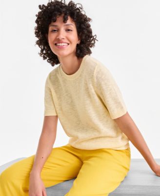 Women's Linen Blend Textured Crewneck Short-Sleeve Sweater