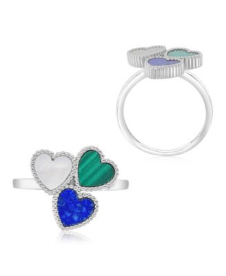 Malachite (0.8 ct. t.w.) Lapis & Imitation Pearl Tri-Hearts Ring Set in Rhodium Over Sterling Silver