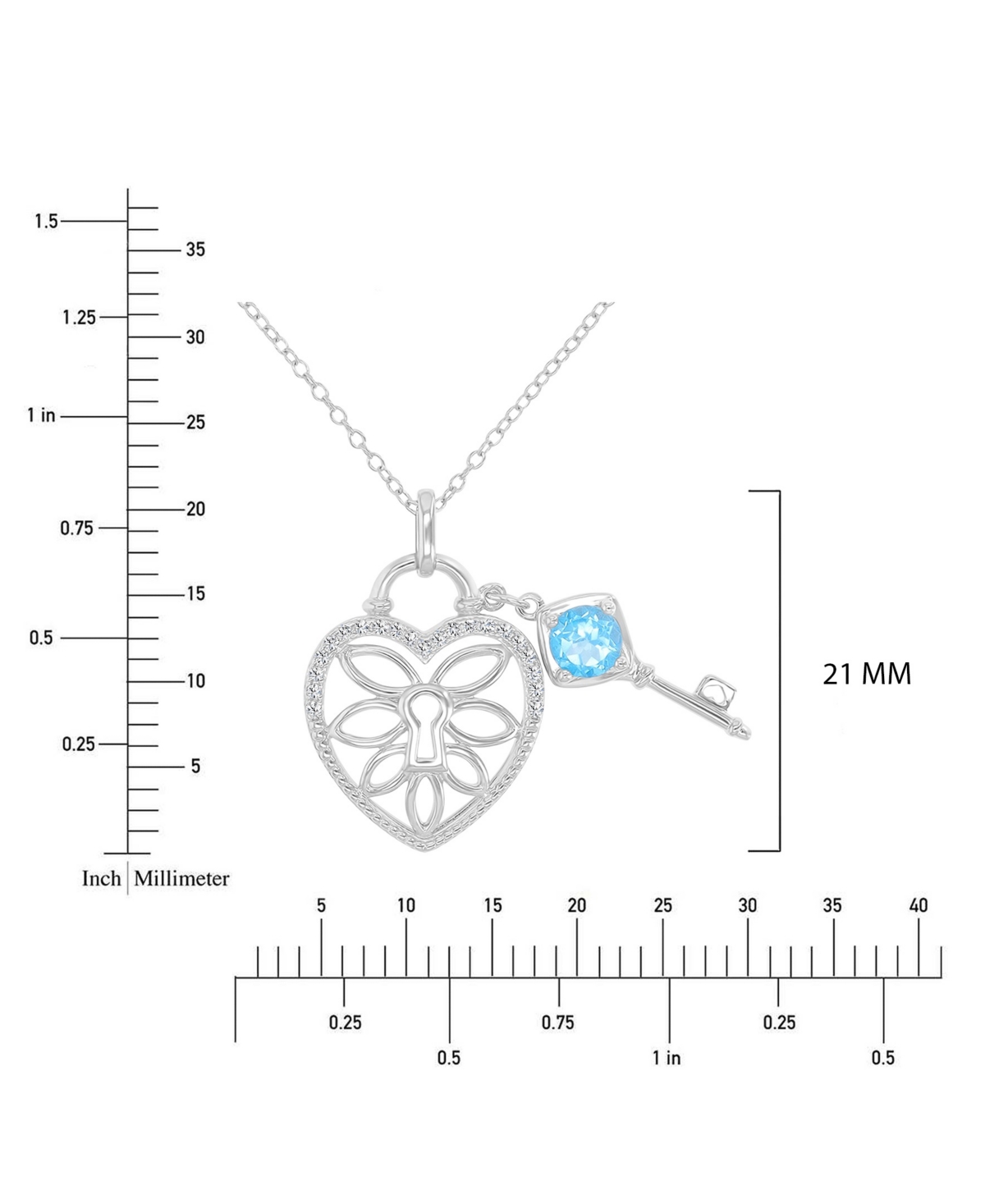 Macy's Swiss Blue Topaz (0.6 ct. t.w.) and White Sapphire (0.105 ct. t.w.) Heart and Key Pendant Necklace in Rhodium Over Sterling Silver
