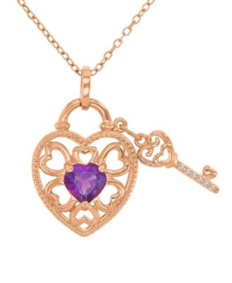 Amethyst (0.69 ct. t.w.) & Diamond (0.012 ct. t.w.) Heart & Key Necklace in 14k Rose Gold Over Sterling Silver