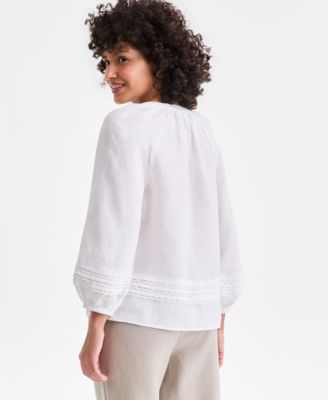 Women's 100% Linen Crochet-Trim Tie-Neck Top