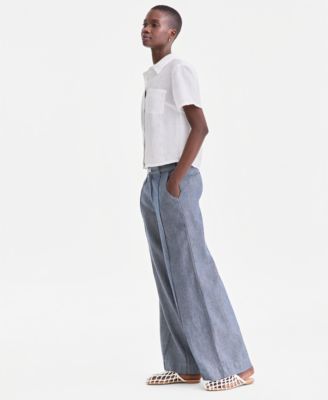 Women's 100% Linen Woven Pleated Wide-Leg Pants