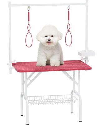 36" Large Dog Grooming Table, Foldable Adjustable Pet Station with Arms, Nooses & Mesh Drying Tray, Pink