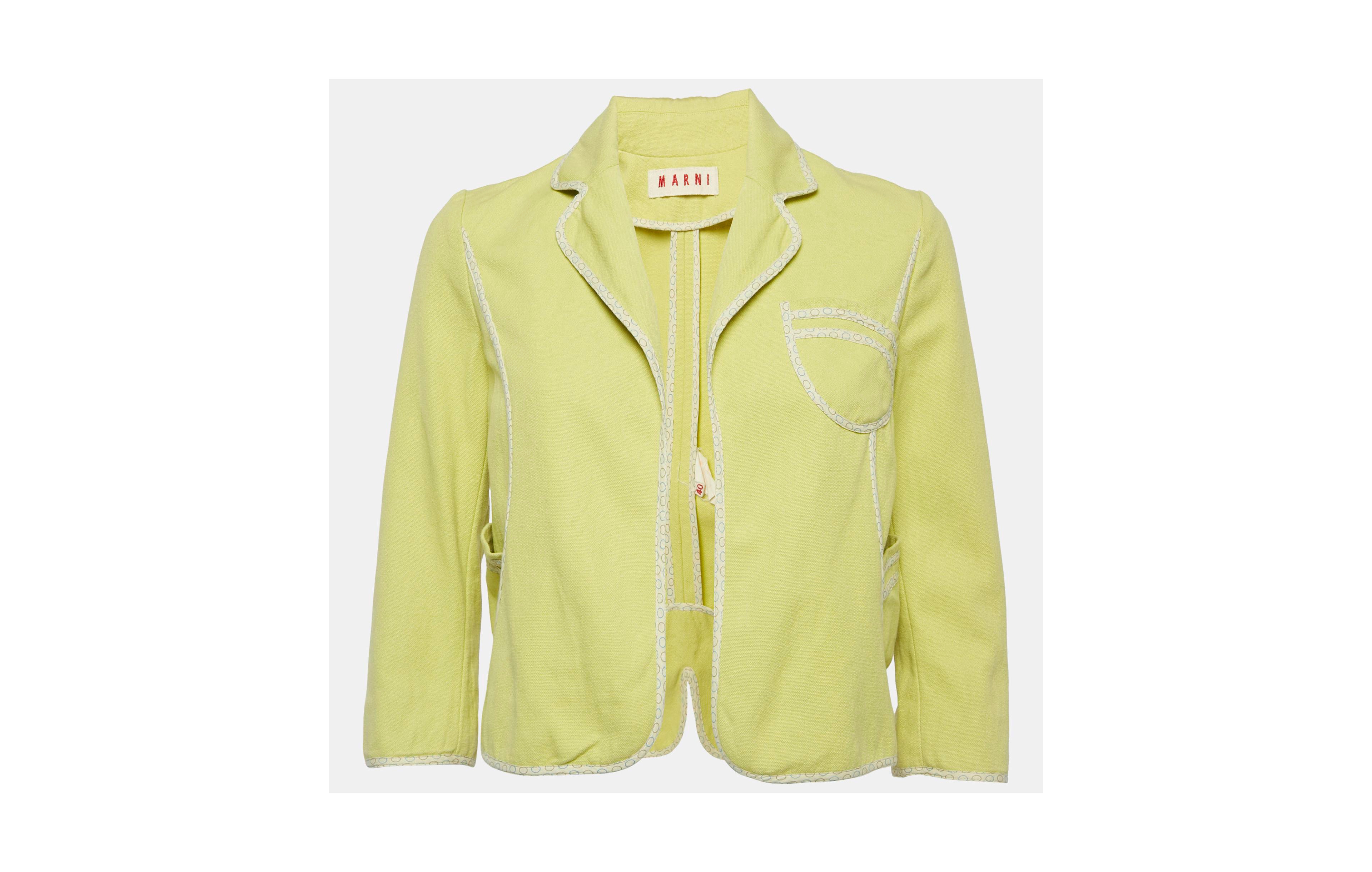 Pre-Owned Marni Women's Green Canvas Contrast Trimmed Open Front Jacket