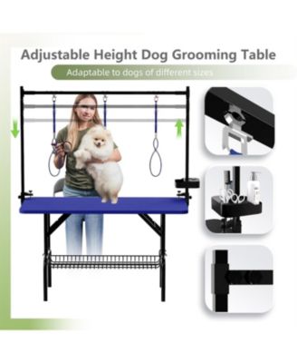 47" Large Dog Grooming Table: Foldable Adjustable Height Pet Station with Arms, Nooses & Mesh Tray, Blue