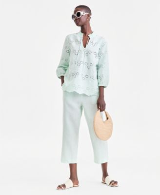 Women's 100% Linen Eyelet-Embroidered Blouson-Sleeve Top