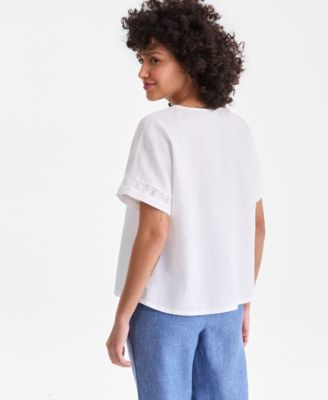 Women's 100% Linen Eyelet-Trim Short-Sleeve Top