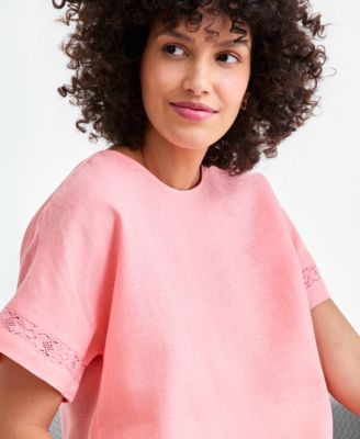 Women's 100% Linen Eyelet-Trim Short-Sleeve Top