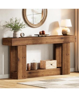 63-Inch Entryway Table, Farmhouse Solid Wood Console Table with U-Shaped Base, 2-Tier Narrow Long Sofa Table Behind The Couch