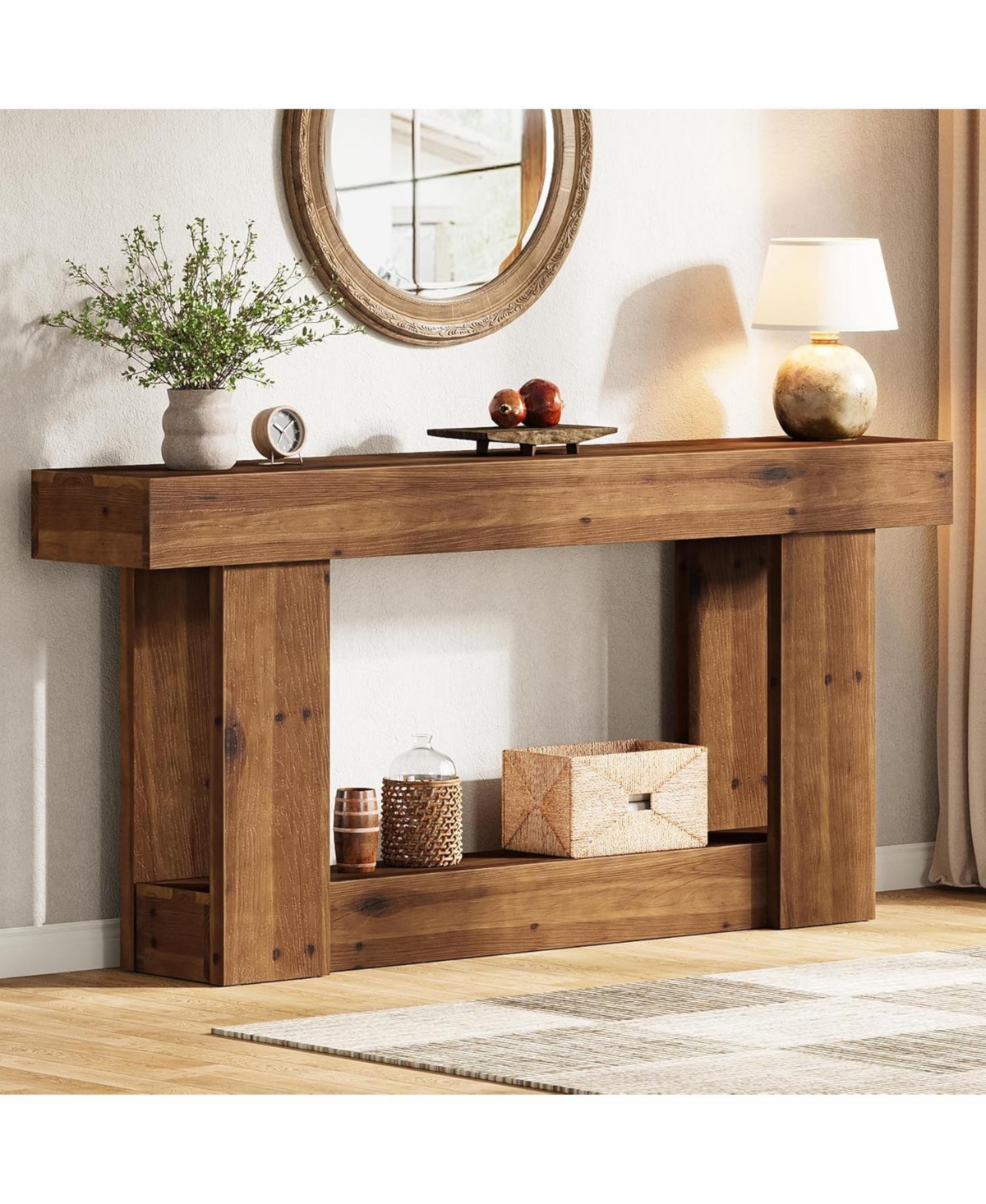 Tribesigns 63-Inch Entryway Table, Farmhouse Solid Wood Console Table with U-Shaped Base, 2-Tier Narrow Long Sofa Table Behind The Couch