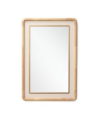 Rounded Rectangle Decorative Wall Mirror, 35" Rubberwood Frame with PU Leather Accent