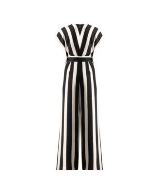 Women's Striped V-Neck Jumpsuit with Waist Tie