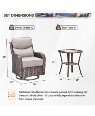 3-Piece Wicker Patio Conversation Set with Crescent Swivel Glider Chairs, Olefin 6-Inch Thick Cushions, and End Table
