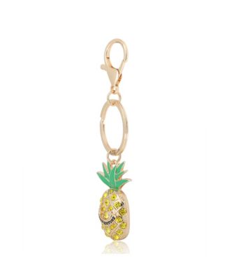 Crystal Pineapple Keychain, Gold Tone with Green Enamel Leaves