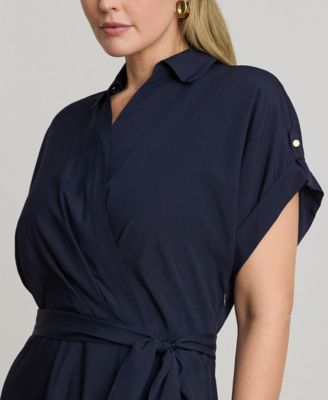 Plus Size Belted Crepe Surplice Neck Maxi Dress