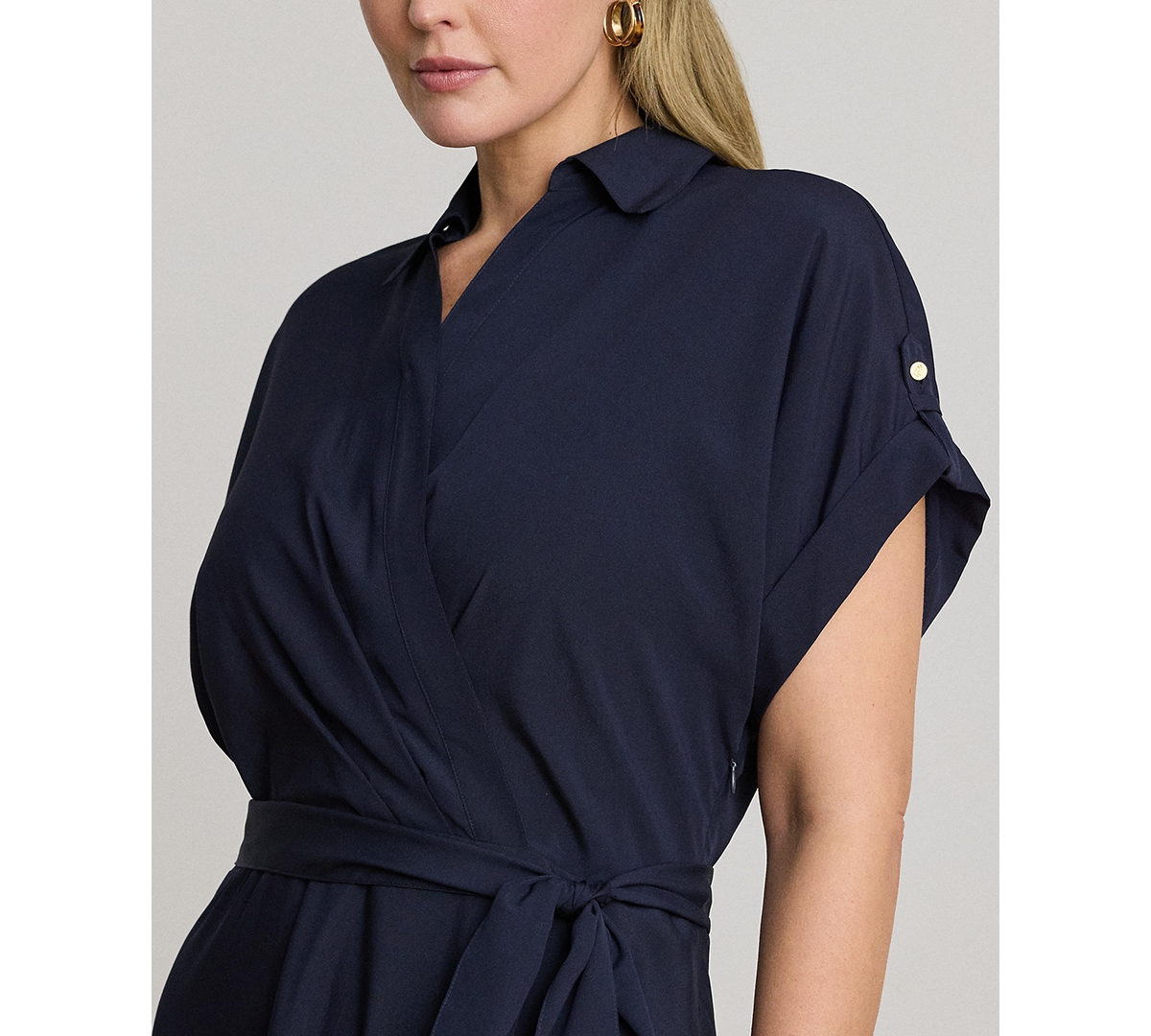 Lauren Ralph Plus Belted Crepe Surplice Neck Maxi Dress