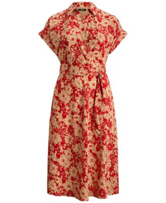 Plus Size Floral Belted Crepe Collared Neck Maxi Dress