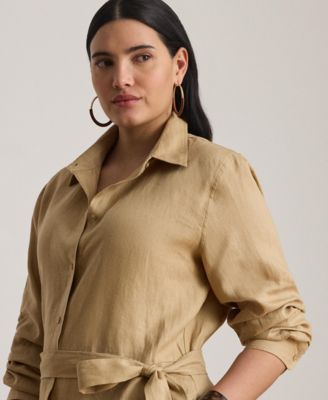 Plus Size Adalina Belted Linen Collared Neck Shirt Dress