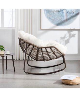 Outdoor Rattan Rocking Chair Padded Cushion Oversized Steel Frame Rocker Recliner for Front Porch Patio Garden Living Room