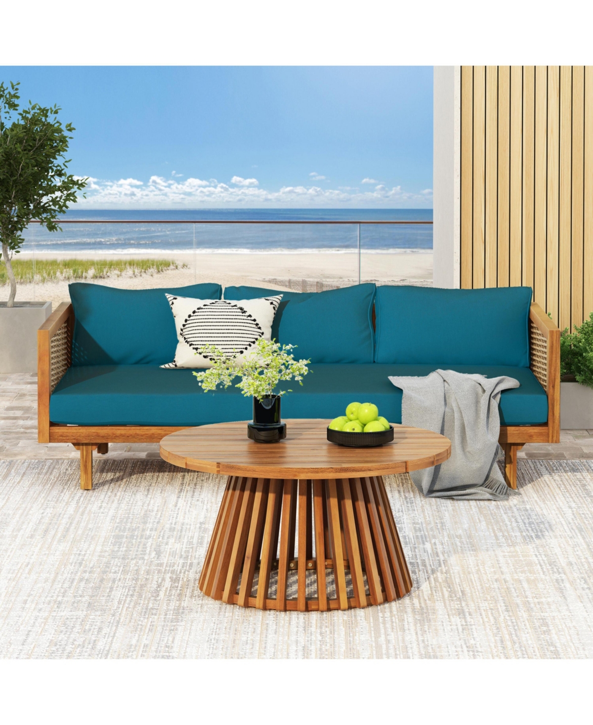 Flynama Weather Resistant Wicker Patio Conversation Set with Acacia Wood Coffee Table Water Resistant Thick Dark Teal Cushions for Garden Patio Deck