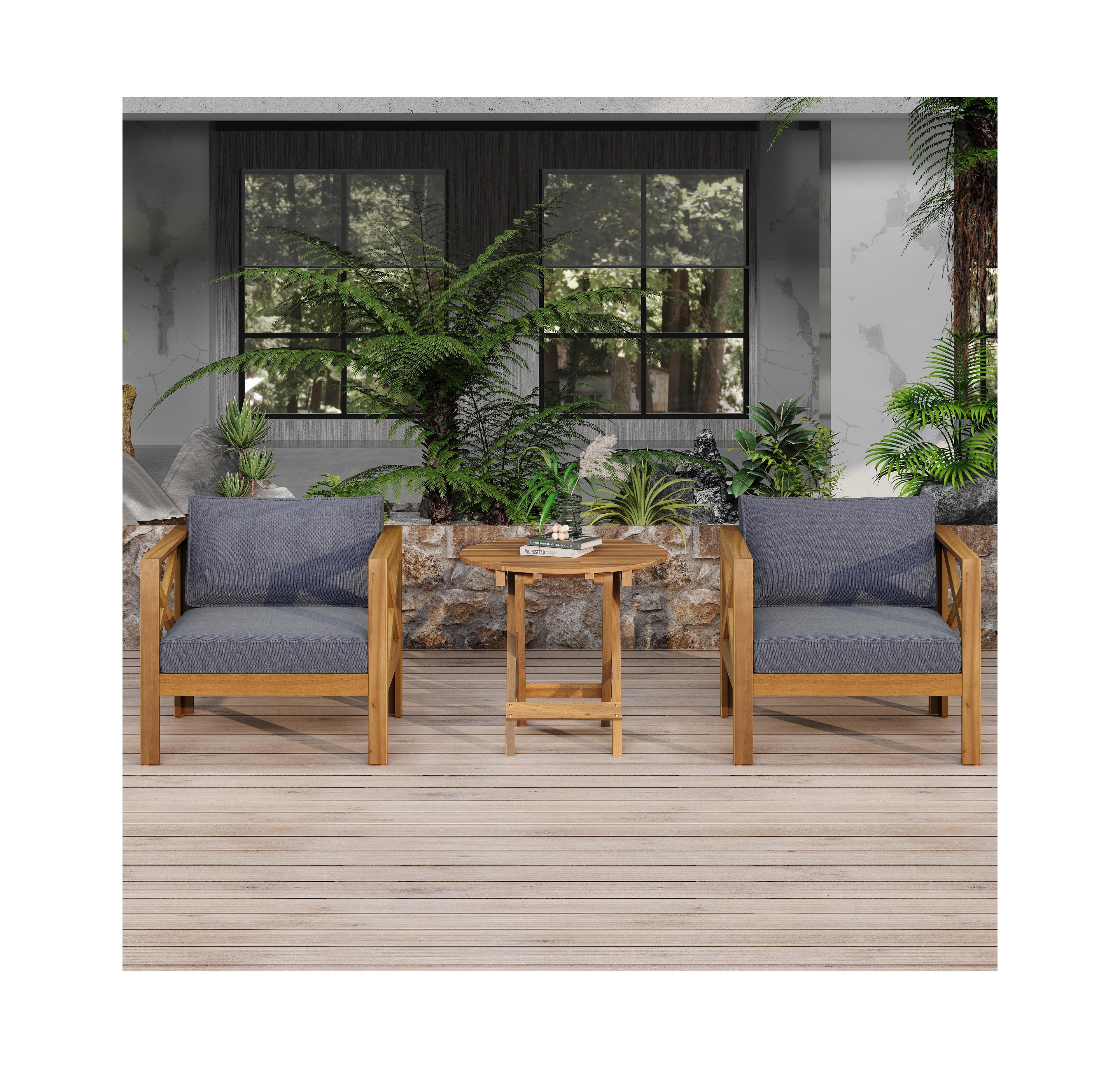 Flynama 2 Piece Outdoor Acacia Wood Conversation Set with Armchairs Cushions Foldable Teak Finish Side Table for Patio Backyard