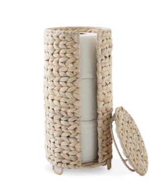 Toilet Paper Roll Holder with Lid - Natural, Fits 3 Rolls, Free Standing Water Hyacinth Bath Tissue Storage Organizer for Bathroom