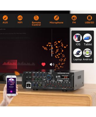 2000W Peak Hi-Fi Stereo Amplifier with Karaoke Mixer & EQ, Bluetooth 5.0, USB/SD Input, FM Radio