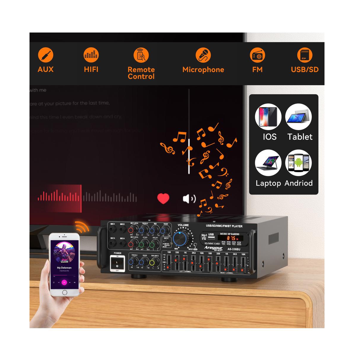 Artudatech 2000W Peak Hi-Fi Stereo Amplifier with Karaoke Mixer & Eq, Bluetooth 5.0, Usb/Sd Input, Fm Radio