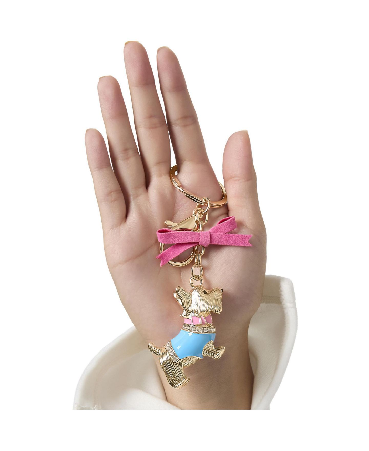 Женский брелок Juicy Couture Crystal Scottie Dog Keychain with Satin Bow, Gold Tone, цвет: Золотой / Розовый синий — фото 2