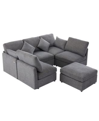 Gray U-shaped Sectional Sofa with Movable Ottoman & USB Ports
