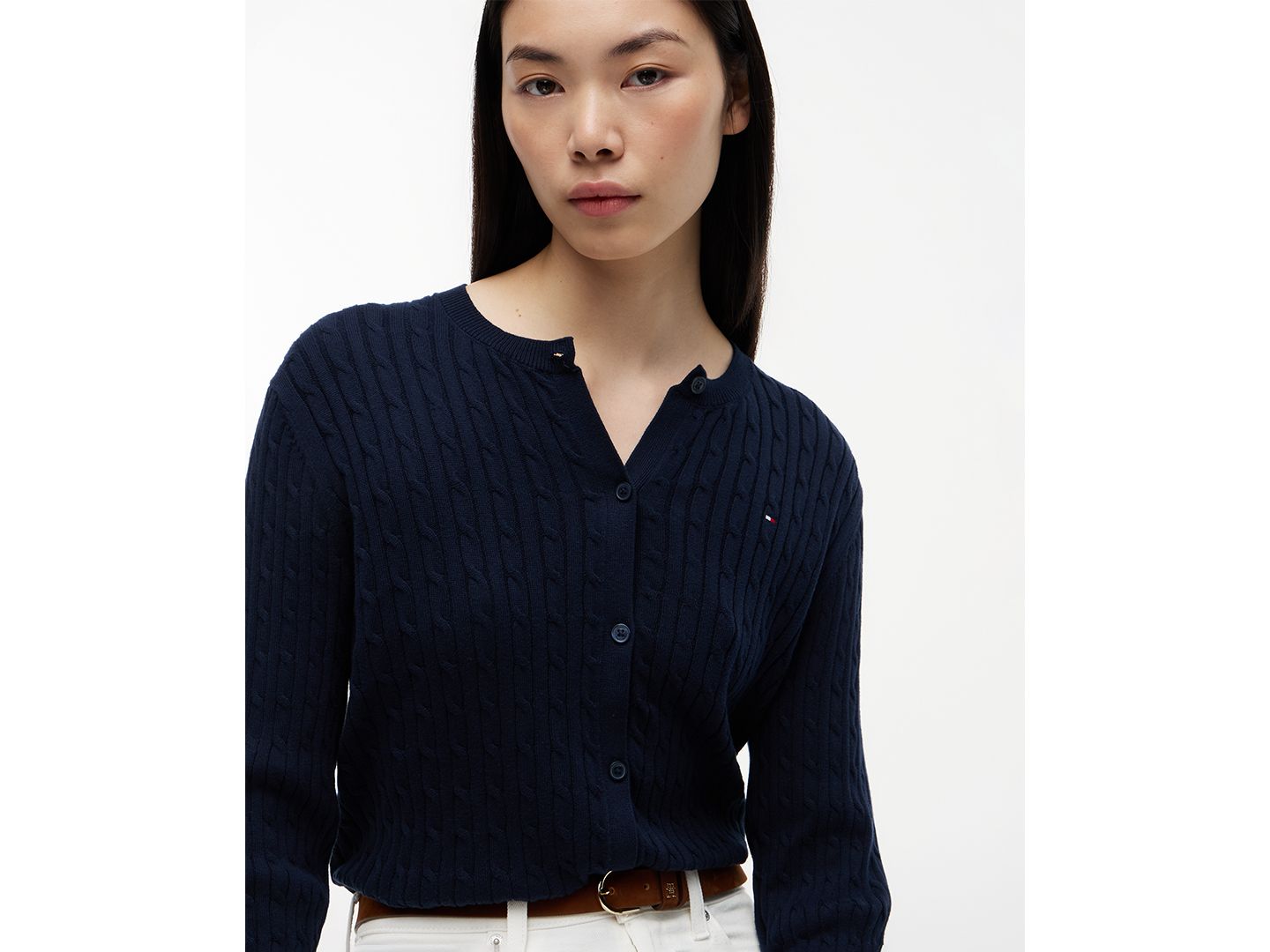 Женский кардиган Tommy Hilfiger Cable Knit Crew Neck Cardigan, цвет: Тёмный ночной тёмно-синий — фото 4