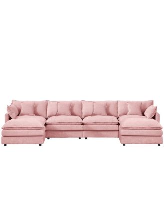 Modular U-Shaped 4-Seater Chenille Sofa with Movable Ottoman, Pink