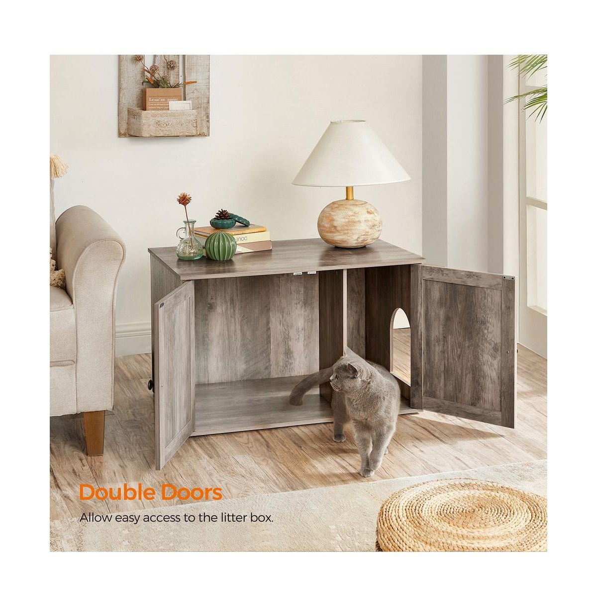 Litter Box Enclosure Cabinet with Divider, Barn-Style Doors, Hidden Cat Washroom Furniture, Indoor Use