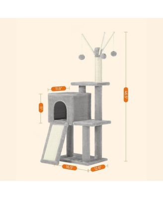 46.5-Inch Cat Tree with Cat Cave, 2-in-1 Scratching Ramp, Removable Toy Sticks, Anti-Tip Kit