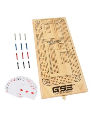 4-Track Wooden Folding Cribbage Board with Playing Card, Metal Pegs and Storage Area for Family Game