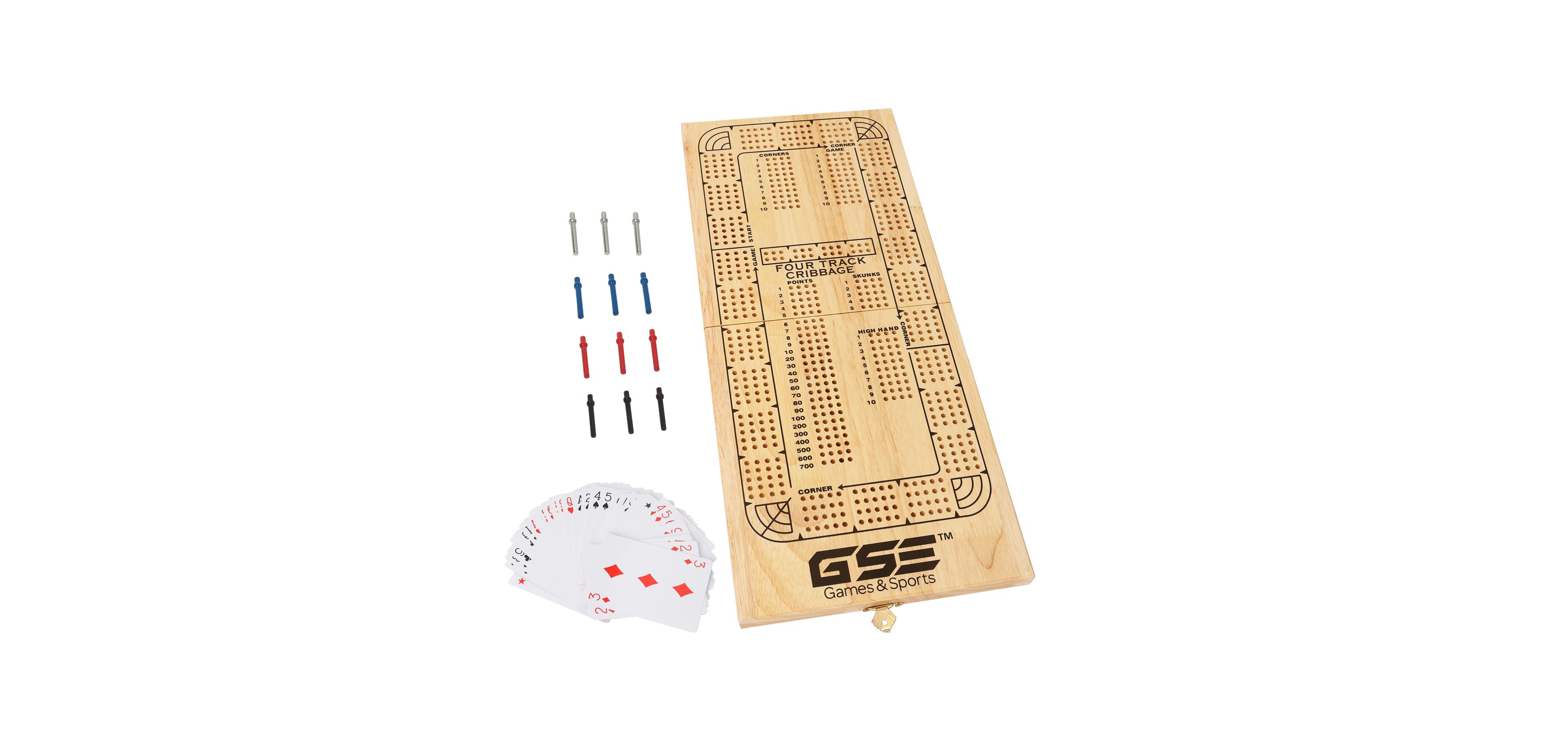Gse Games & Sports Expert 4-Track Wooden Folding Cribbage Board with Playing Card, Metal Pegs and Storage Area for Family Game