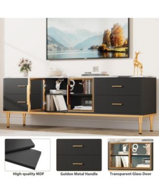 65 in TV Stand with LED Lights, Modern Entertainment Center with 4 Drawers & Shelves & Glass Doors