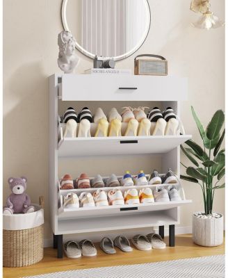 Shoe Storage Cabinet with Dual Flip Drawers, Space-Saving Shoe Organizer for Entryway, Hallway, or Mudroom, Hidden Shoe Rack Cupboard