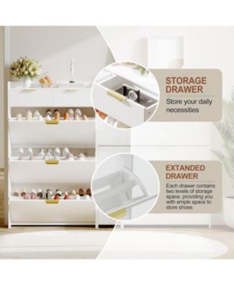 Wave Design Shoe Cabinet with 3 Slip Drawers, 2 Drawers, Raised Edges, and Fluted Details – Slim Hidden Wooden Shoe Organizer for Entryway