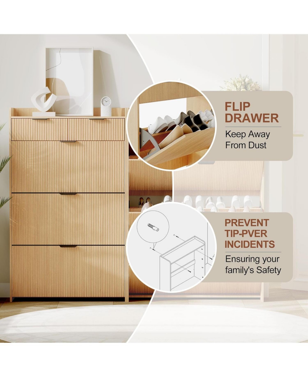gaomon Wave Design Shoe Cabinet with 3 Slip Drawers, 2 Drawers, Raised Edges, and Fluted Details – Slim Hidden Wooden Shoe Organizer for Entryway
