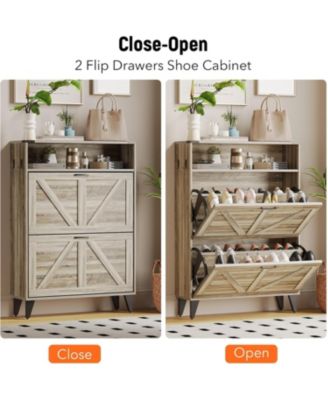 Shoe Cabinet with 2 Flip Drawers, Farmhouse Narrow Shoe Organizer with Adjustable Shelf.