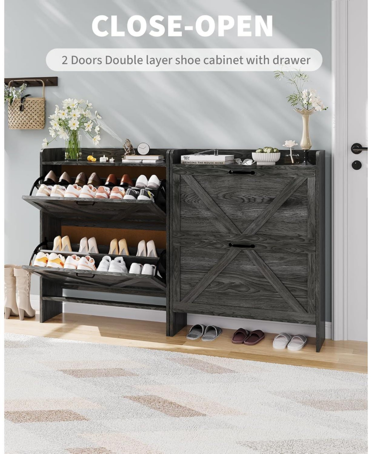 gaomon Shoe Storage Organizer with 2 Flip Drawers, Rustic Brown Farmhouse Cabinet for Entryway, Foyer, or Hallway