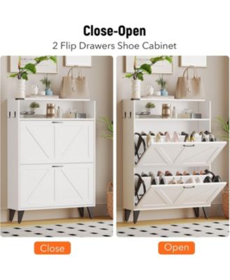 Freestanding Shoe Cabinet, 2 Flip Drawers Front Door Shoe Rack with Adjustable Shelf & Metal Legs, Shoe Rack for Front Door Entrance, Entryway