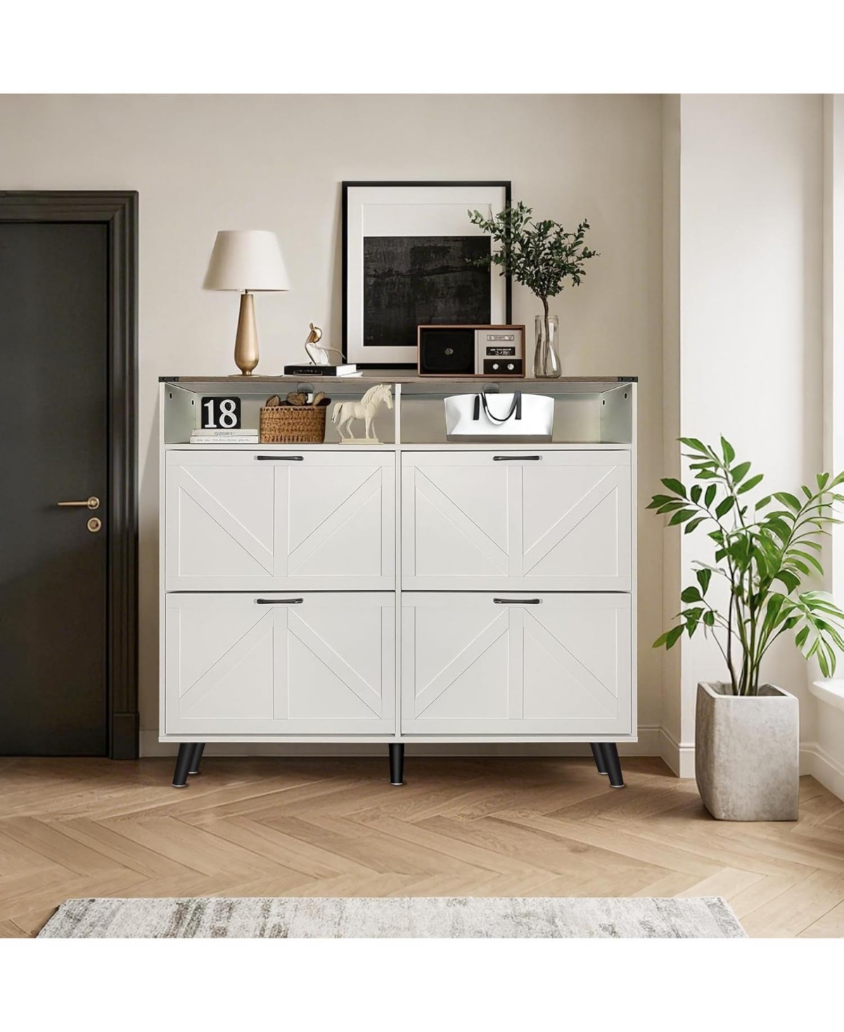 gaomon Shoe Storage Cabinet, Farmhouse Organizer with 4 Flip Drawers and Open Hallway.