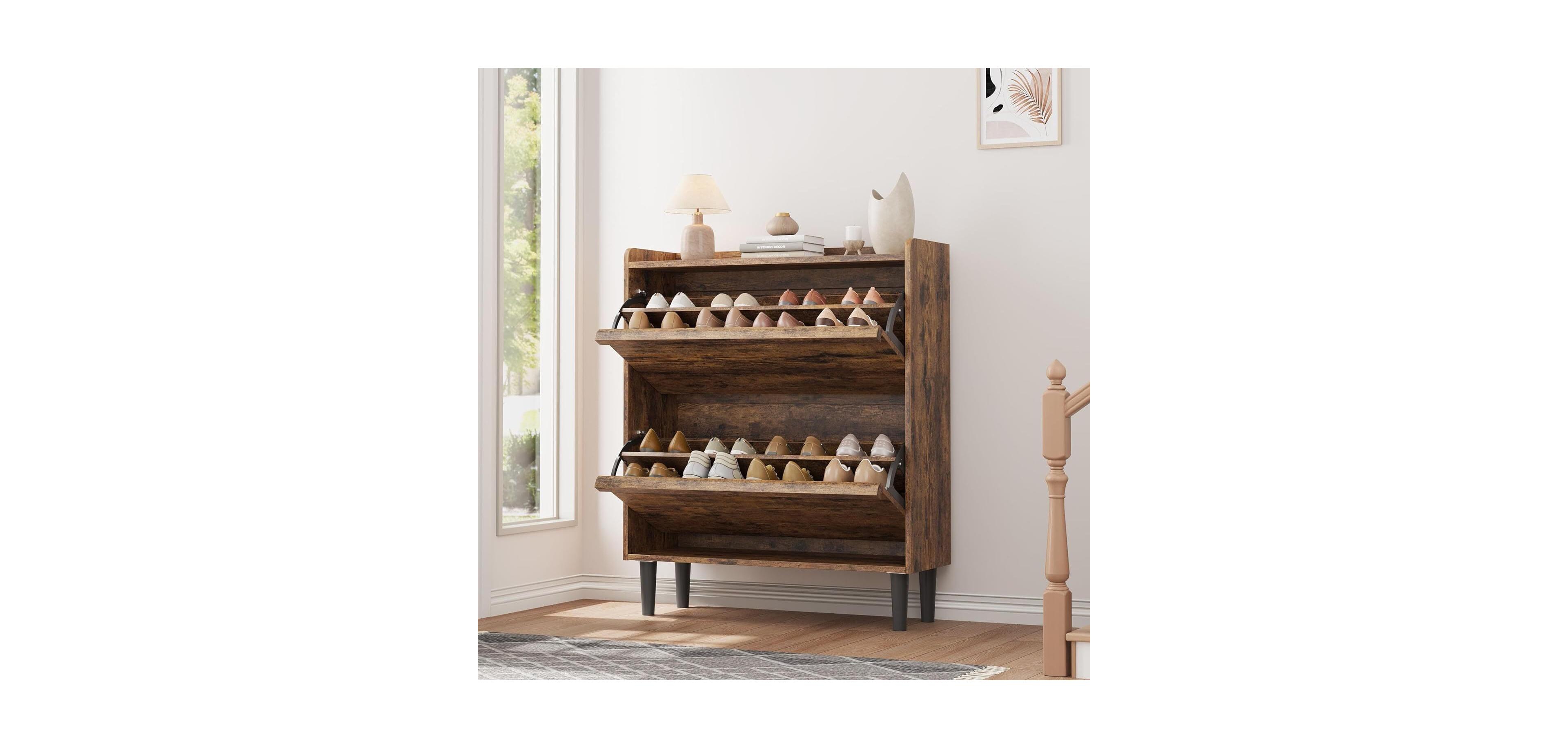 gaomon Shoe Cabinet with 2 Flip Drawers, Wooden Shoe Organizer with Adjustable Shelf, Shoe Storage for Entryway,Rustic Brown