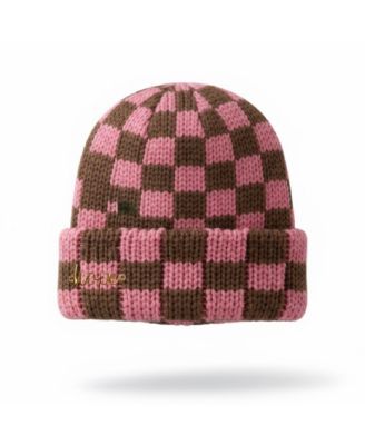 Women's Two-Tone Checkerboard Knit Beanie - Pink + Brown